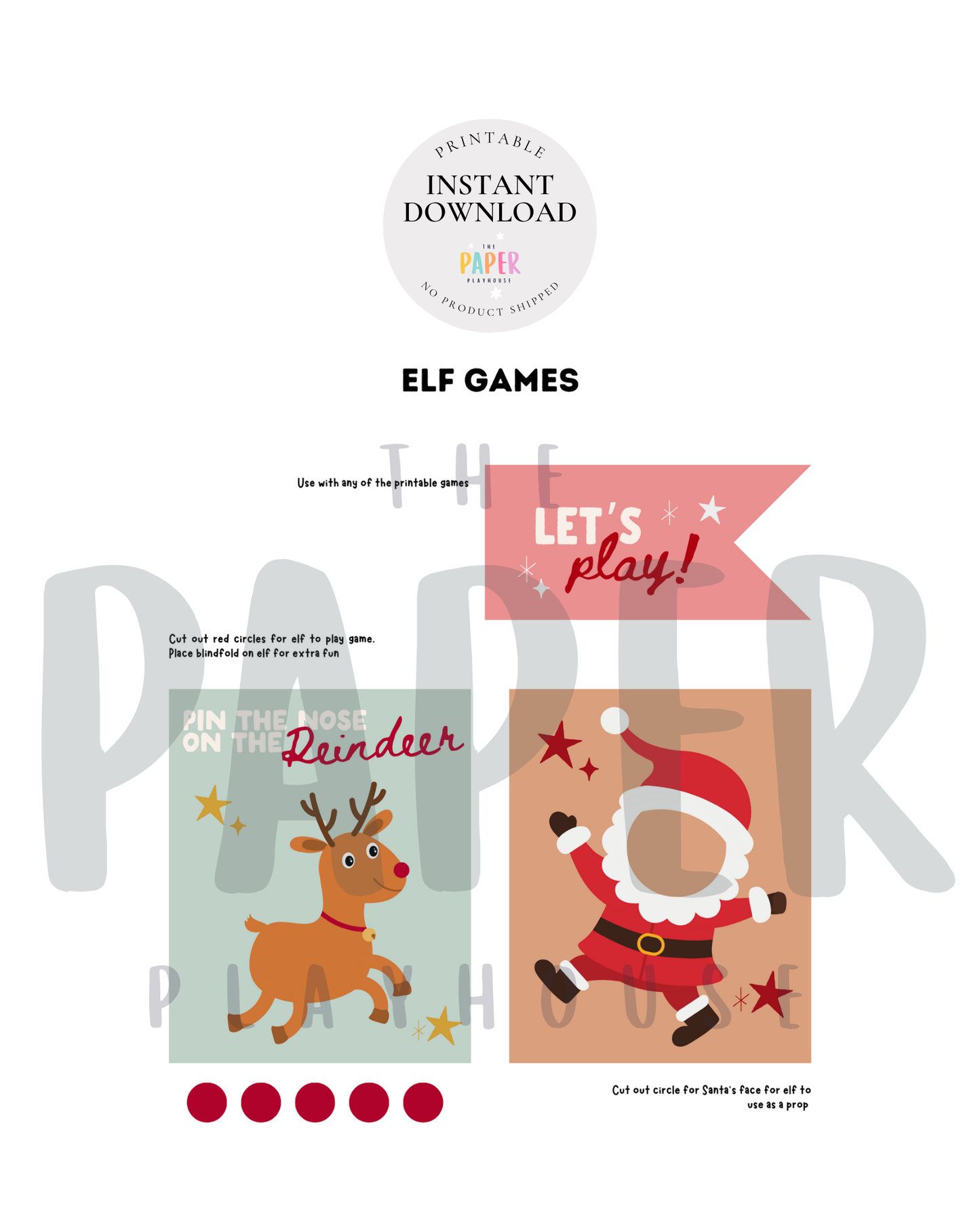Two Christmas-themed games with reindeer and Santa Claus on a white background, labeled 'Elf Games'.