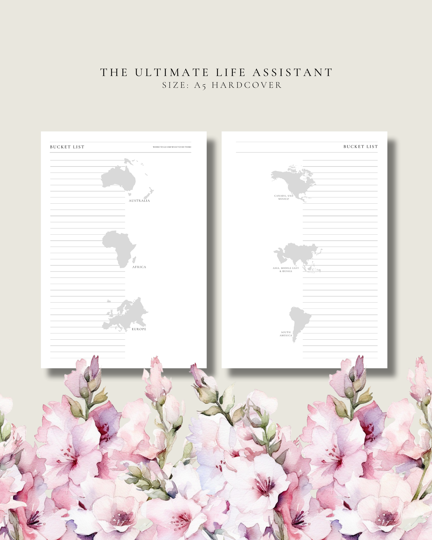 Two planner pages with world map layout on a light background with pink flowers at the bottom.