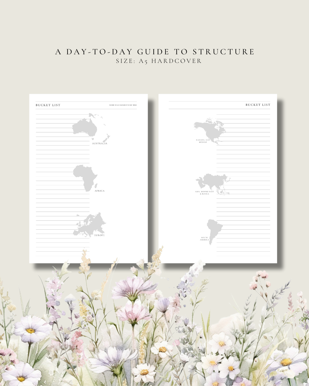 Two planner pages with world map layout on a floral background