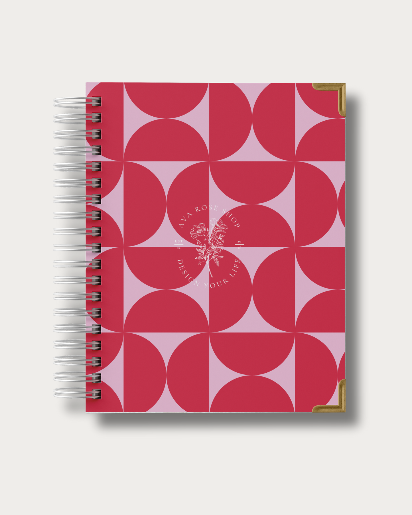 Planner with red geometric pattern on a white background