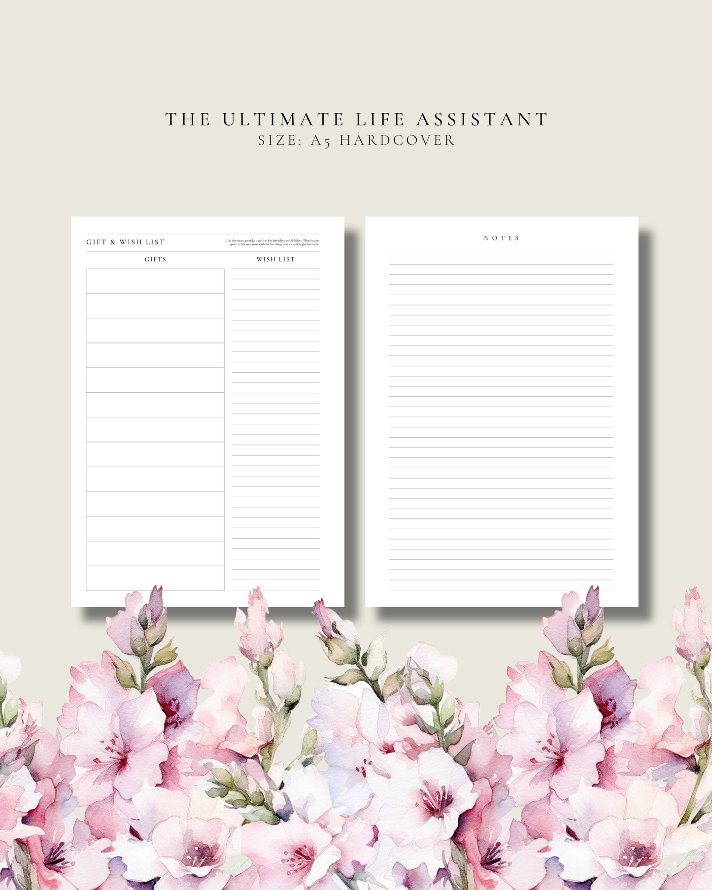 Two planner pages with floral design and text on a light background