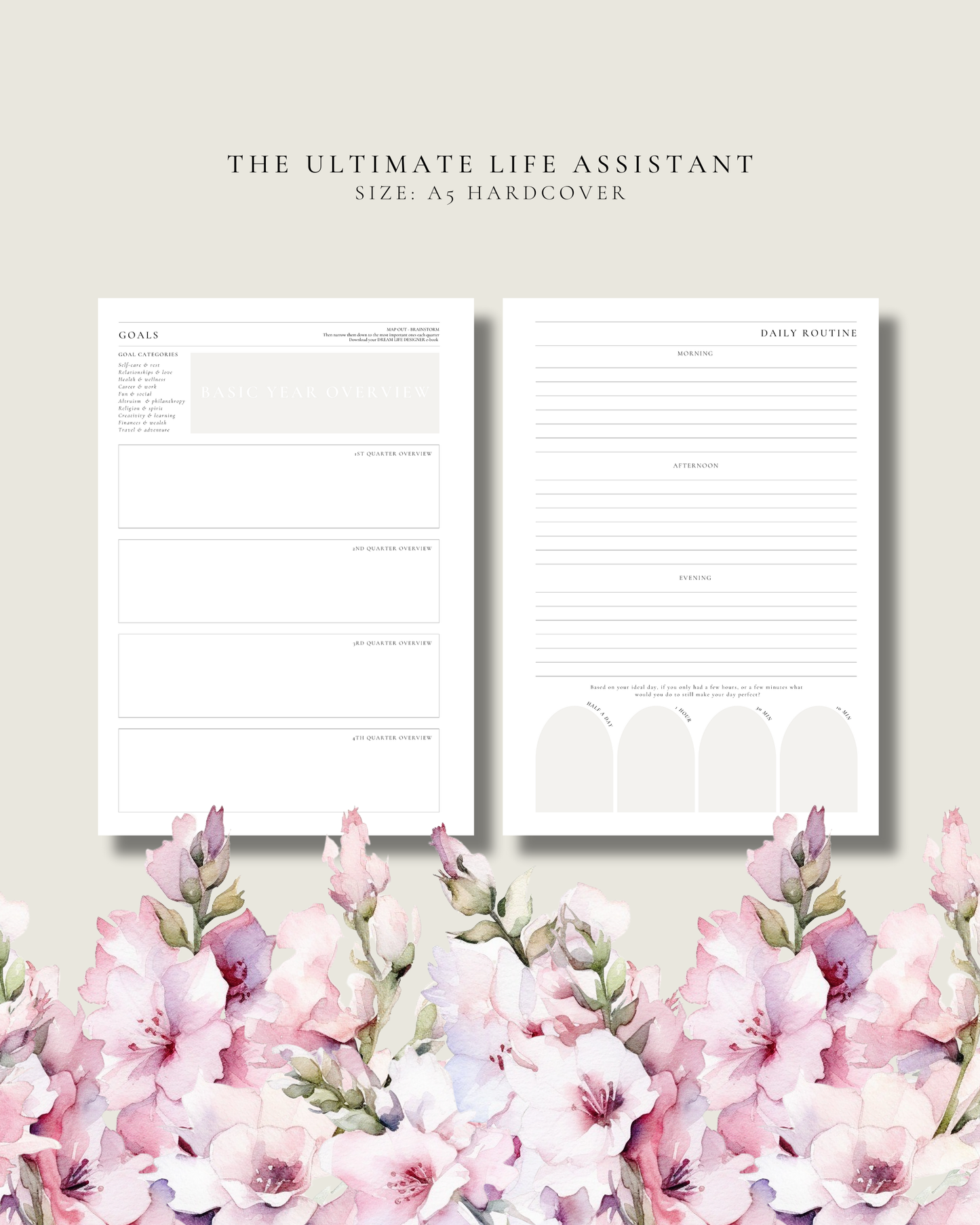 Two planner pages with floral design at the bottom