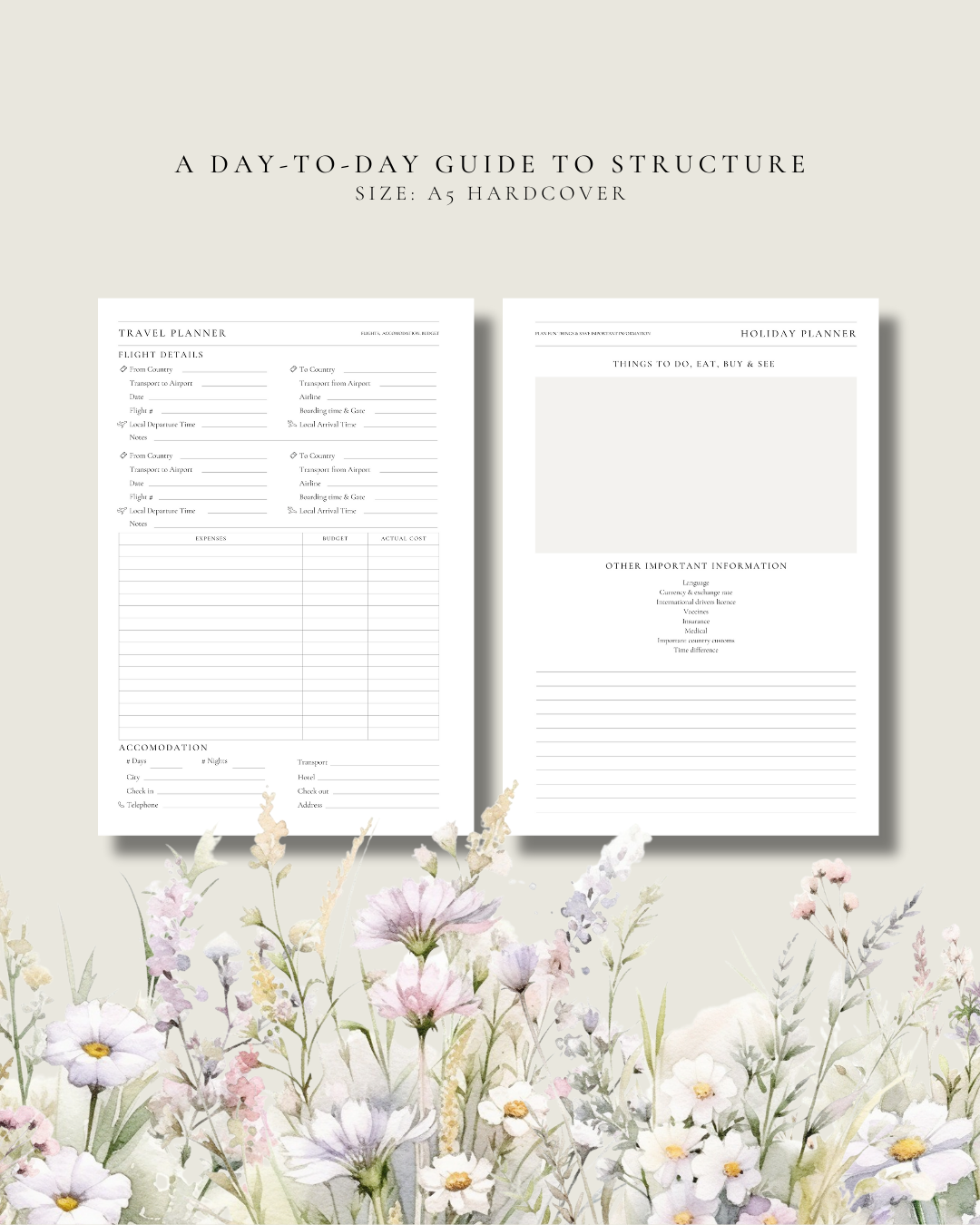 Two planner pages with text on a floral background