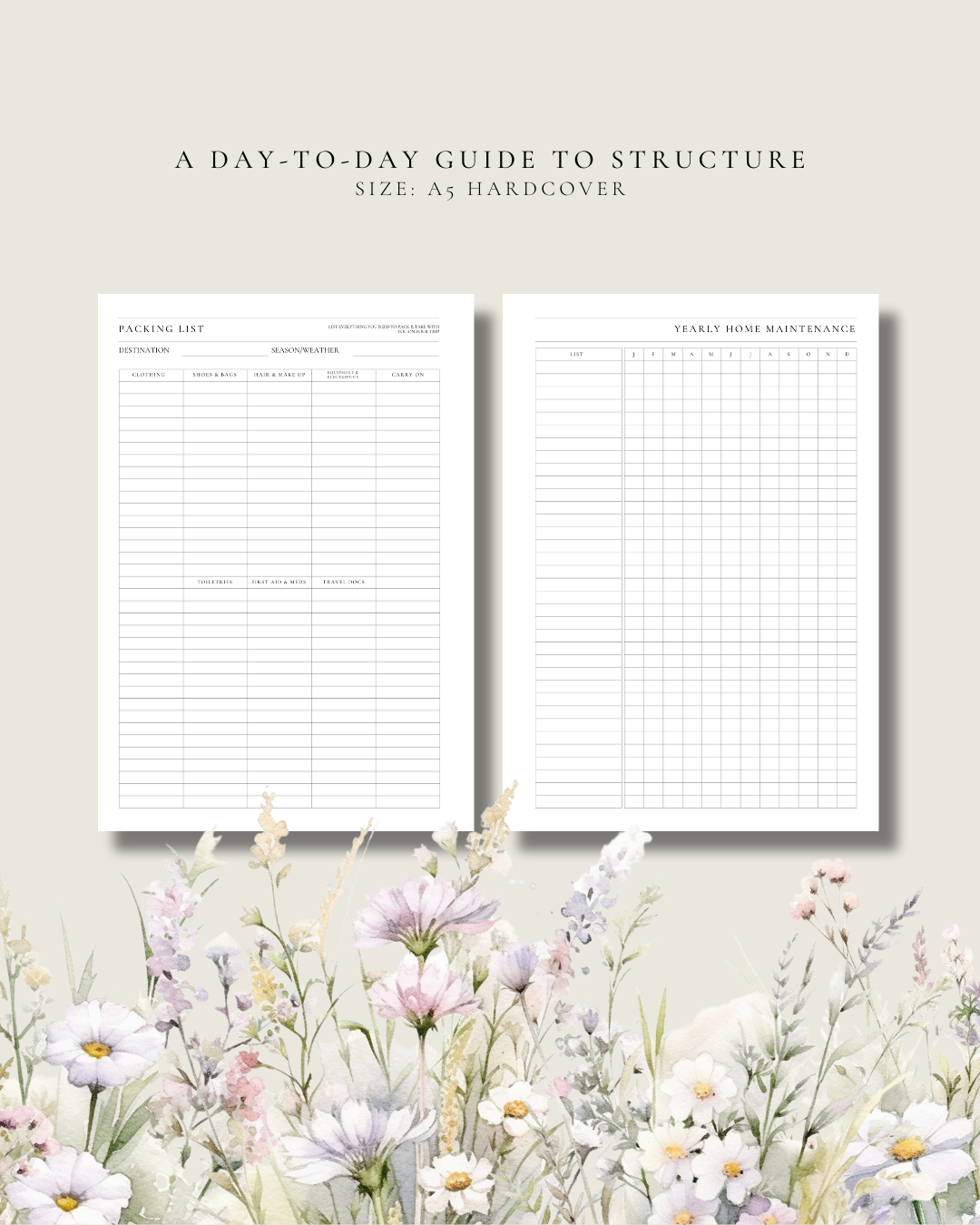 Two planner pages with grid layouts on a floral background