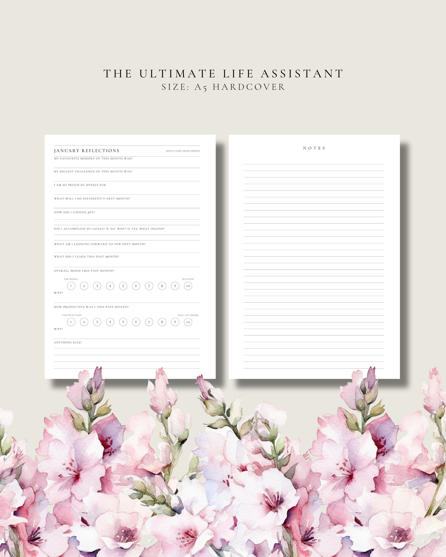 Two open pages of a planner with floral design at the bottom