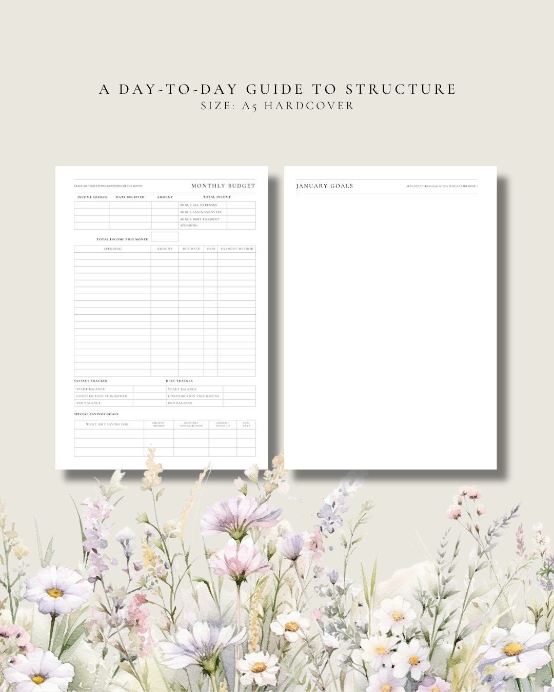 Two planner pages with a floral design at the bottom
