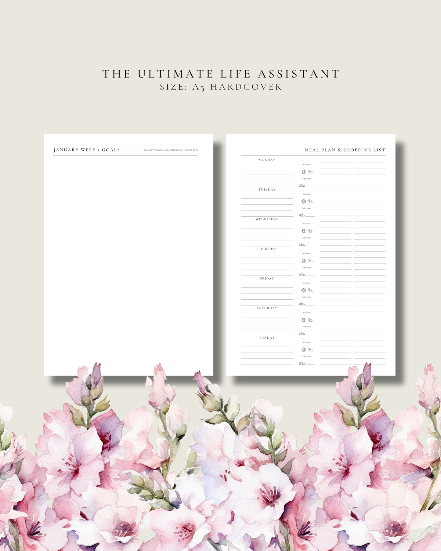 Two planner pages with floral design at the bottom
