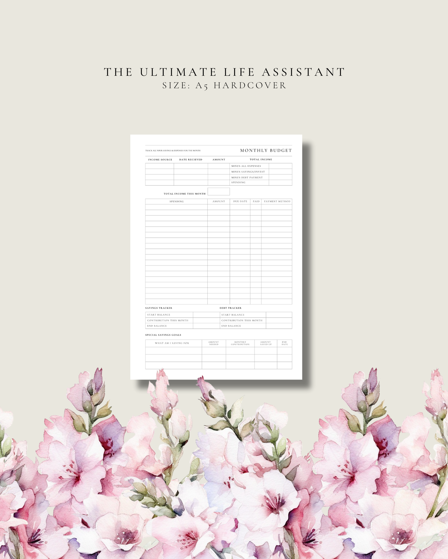Planner with budgeting sheet on a beige background with pink flowers at the bottom