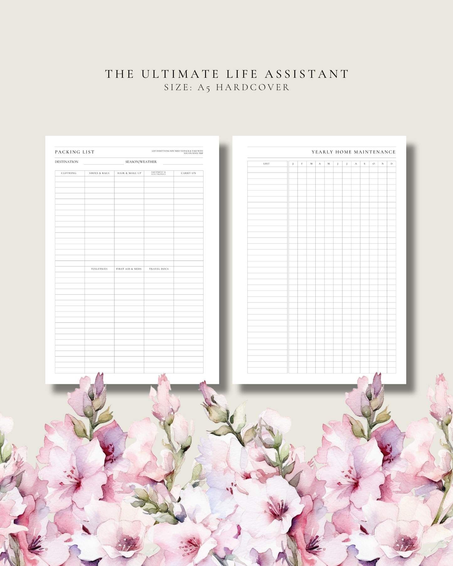 Two planner pages with grid layouts on a light background with pink flowers at the bottom.