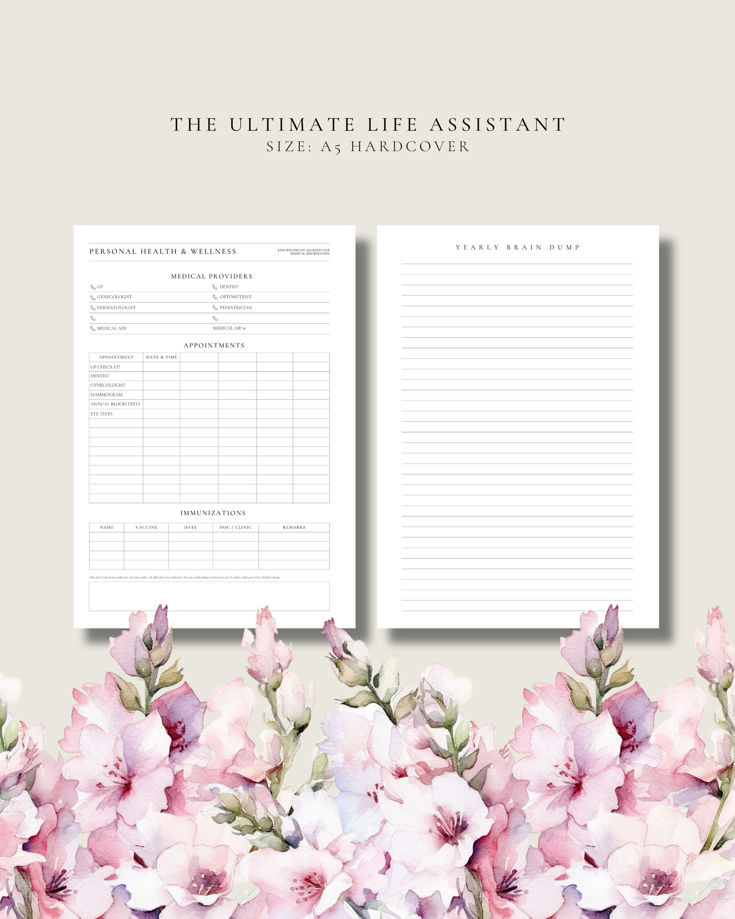 Two planner pages with text and a floral design at the bottom