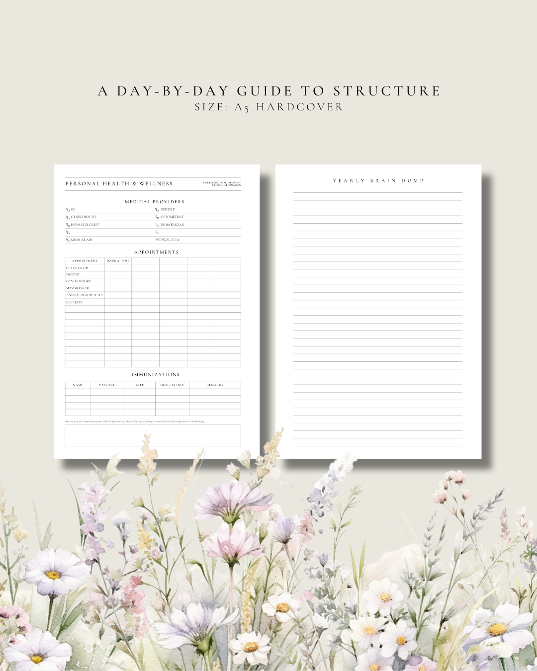 Two planner pages with text on a light background with floral elements at the bottom.