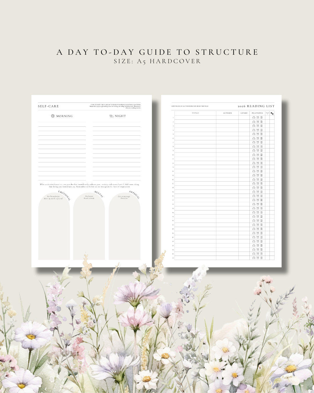 Two planner pages with text and a floral design at the bottom.