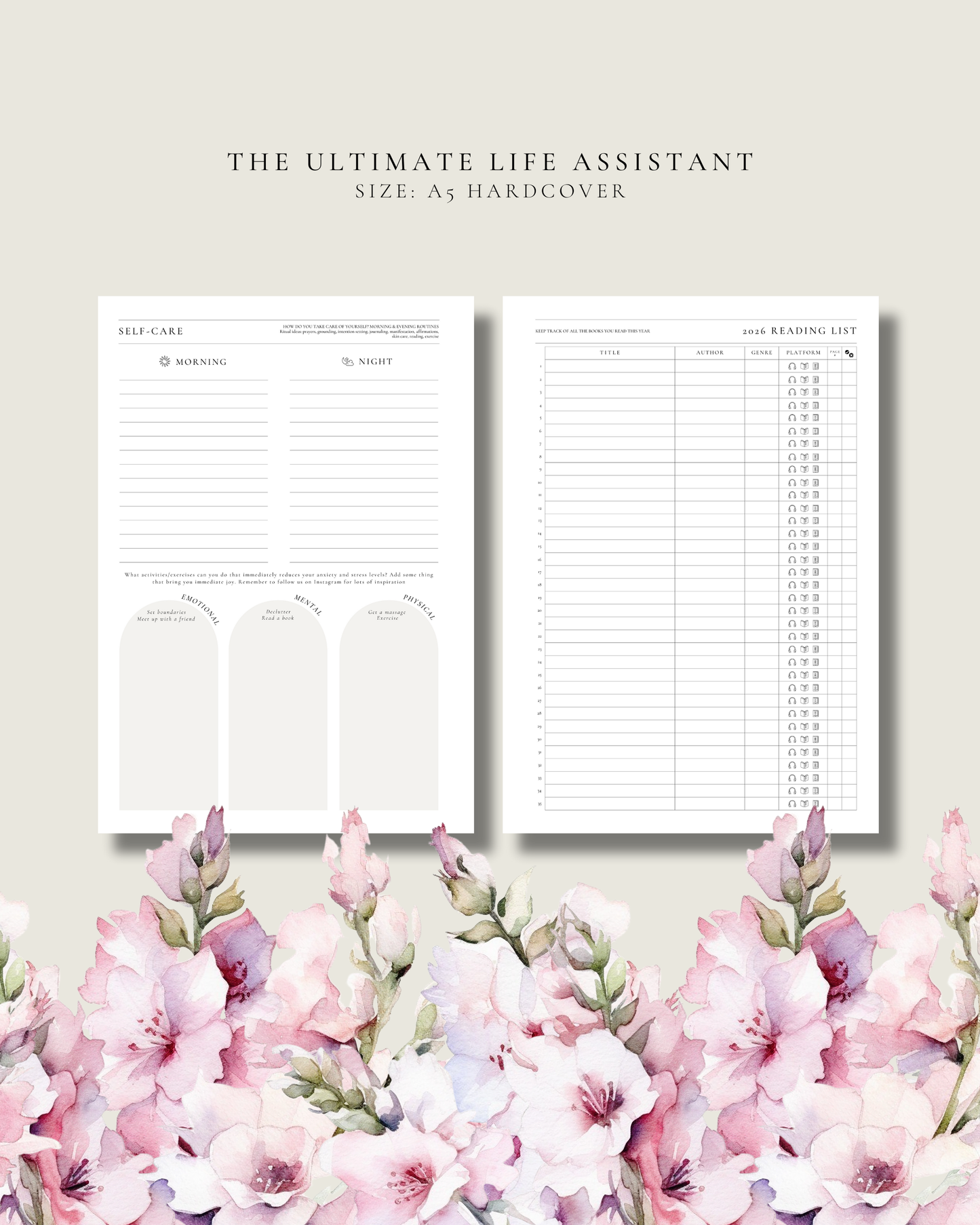 Two planner pages with floral design at the bottom