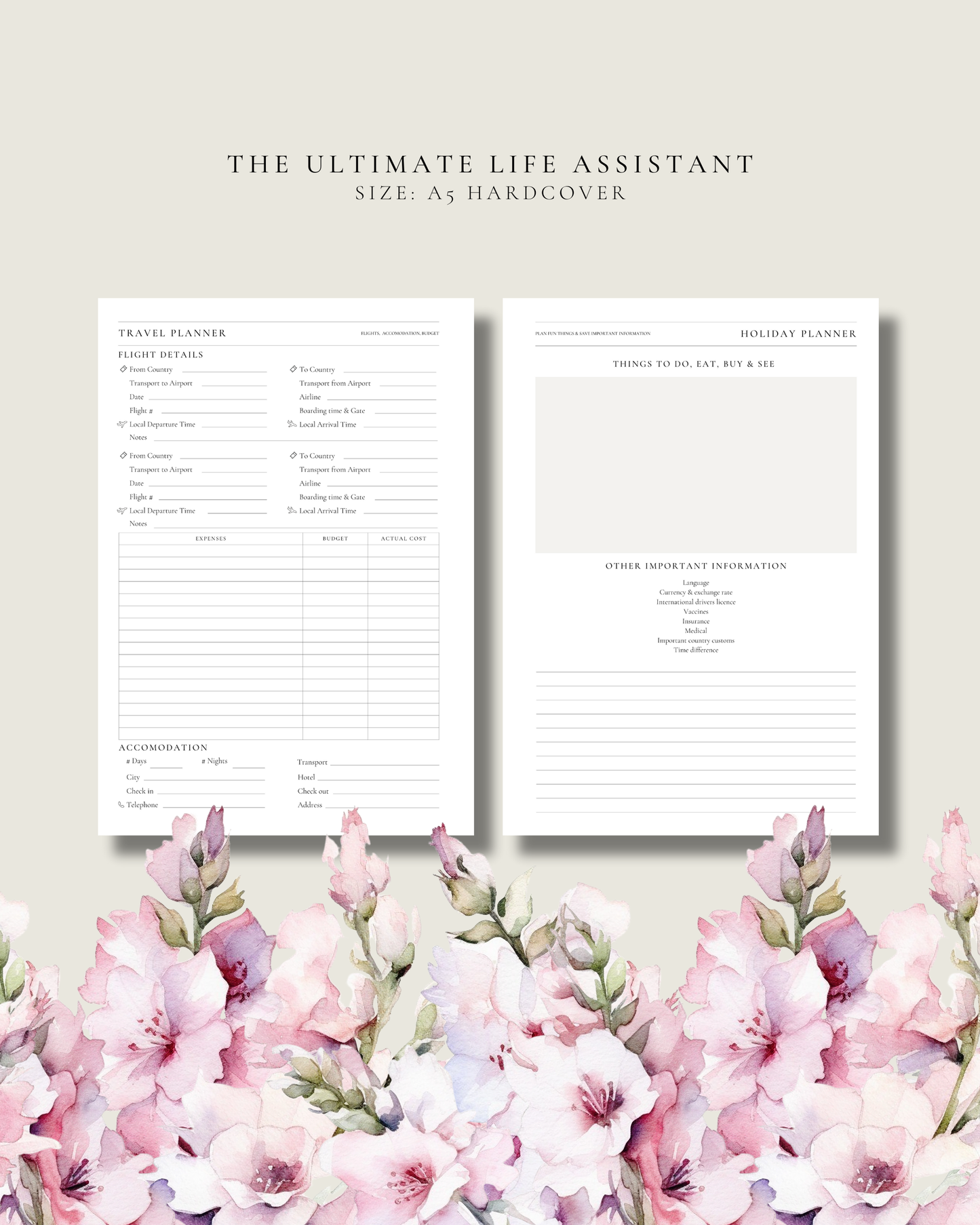 Two planner pages with text on a light background with pink flowers at the bottom.