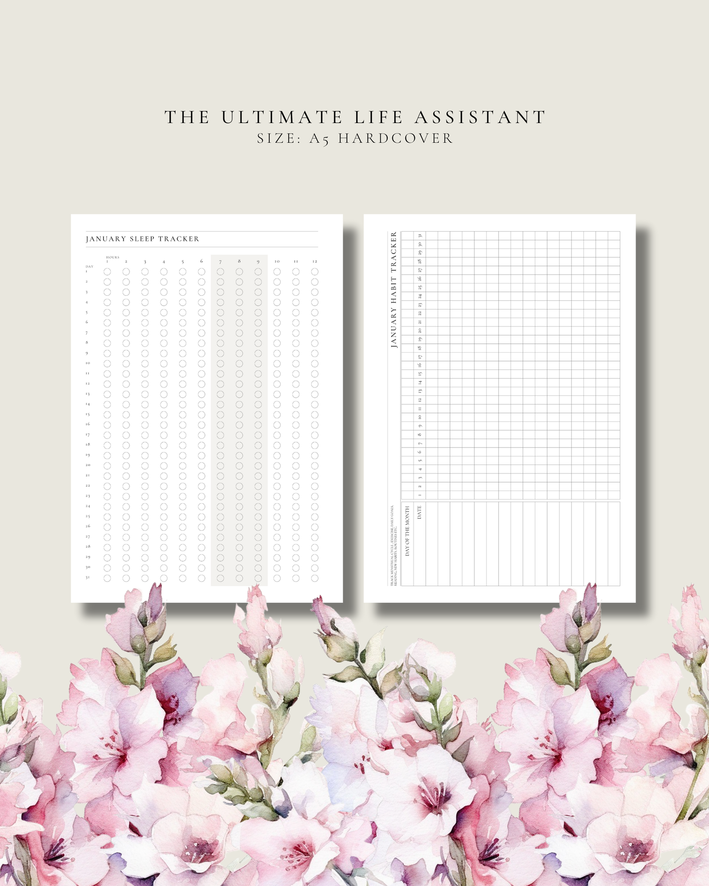 Planner with two pages open on a light background with pink flowers at the bottom.