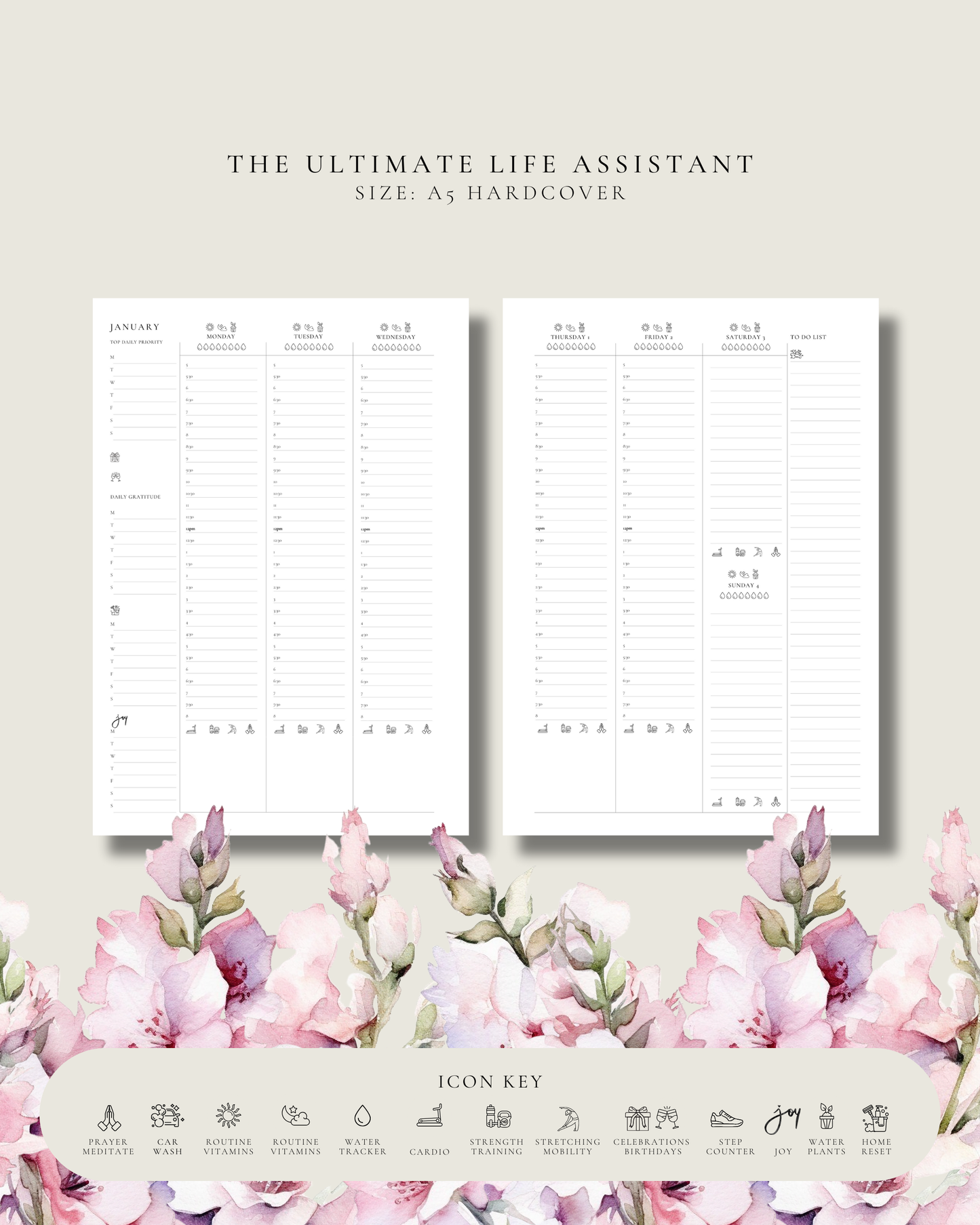 Planner with floral design and text on a beige background