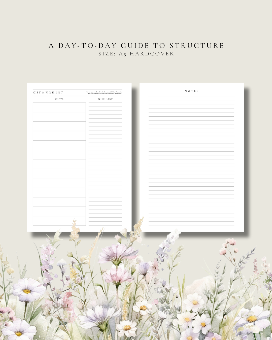 Two pages from a planner with a floral design on a light background