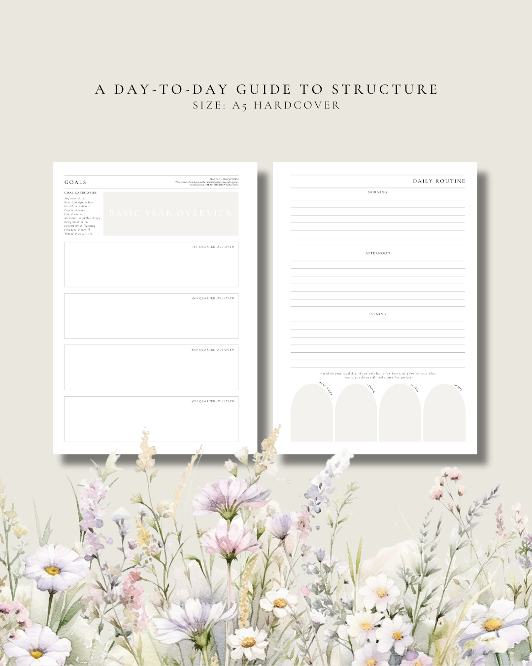 Two planner pages with floral design on a light background