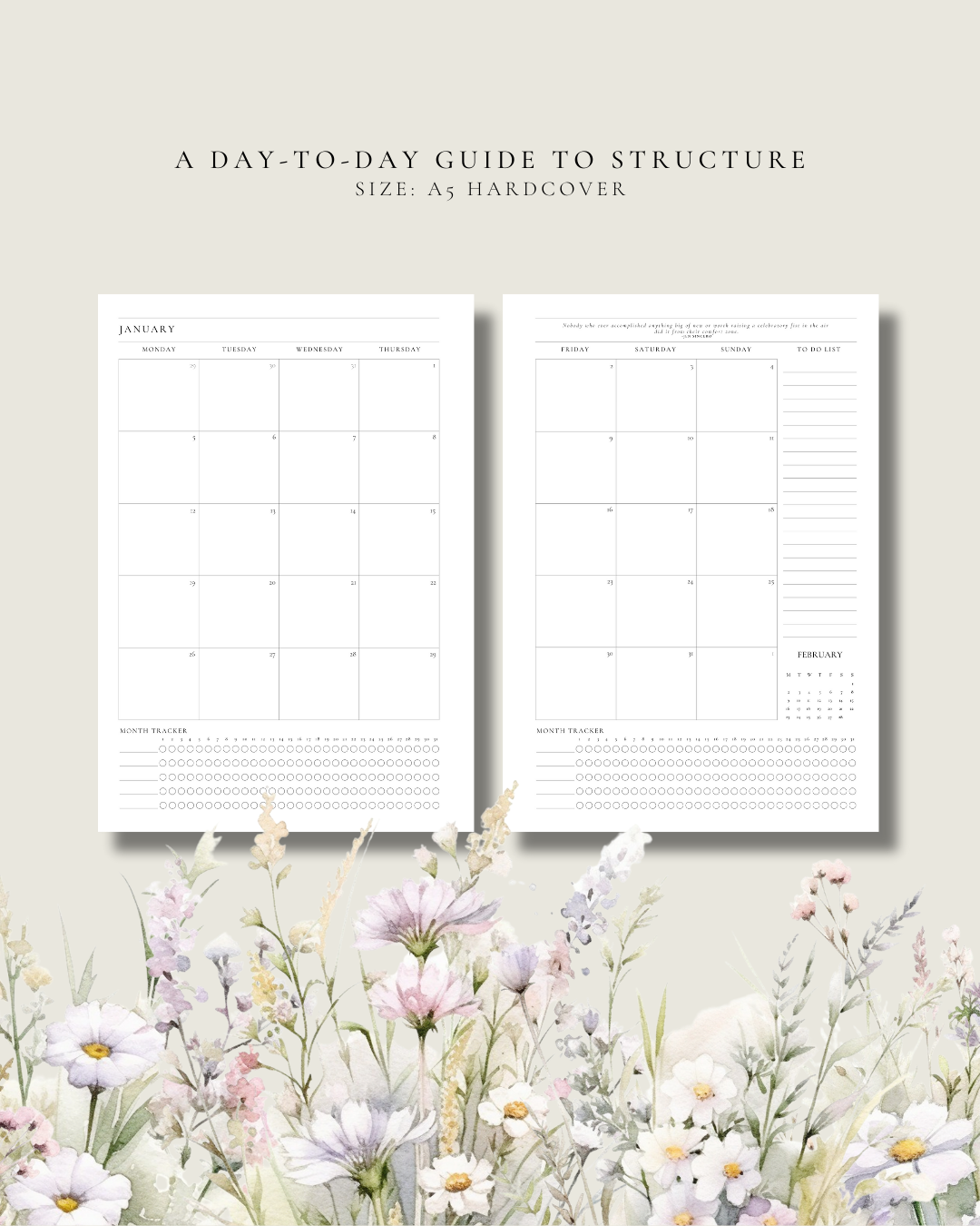 Two planner pages with a floral design at the bottom on a light background