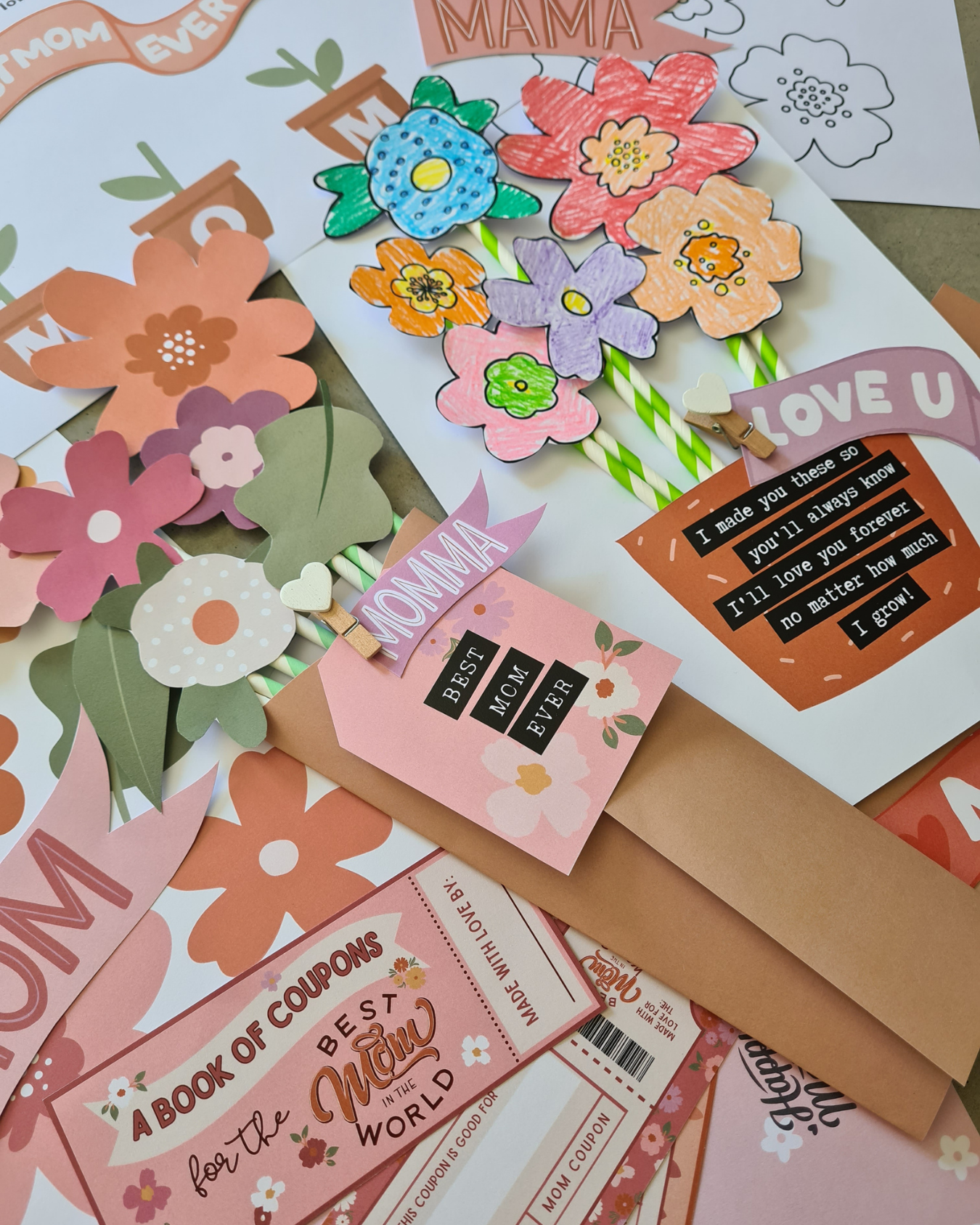 Mother’s Day Printable/Downloadble Bundle – DIY Bouquet, Coupons, Bookmarks & Gift Tags