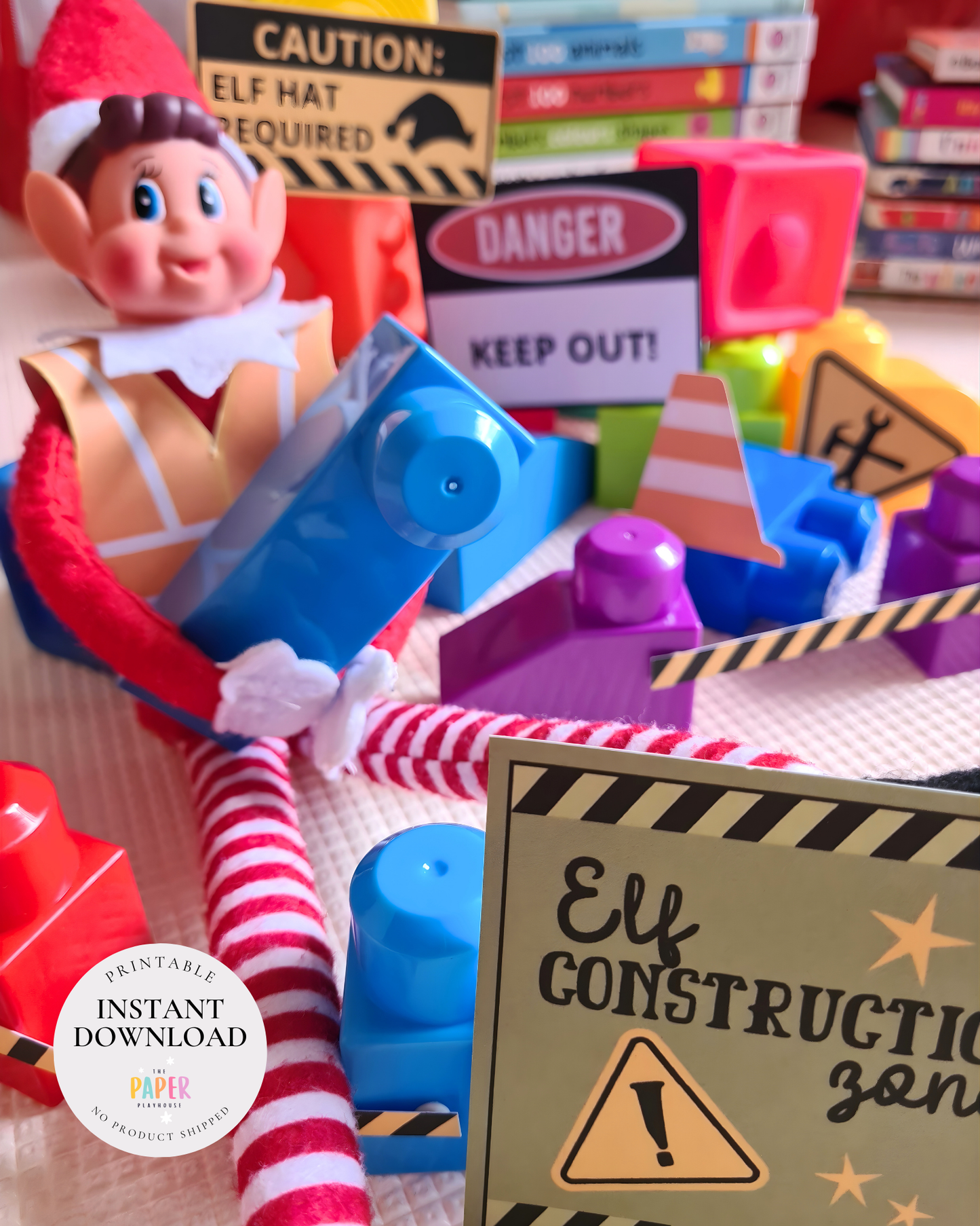 Elf on the shelf with construction-themed props and signs