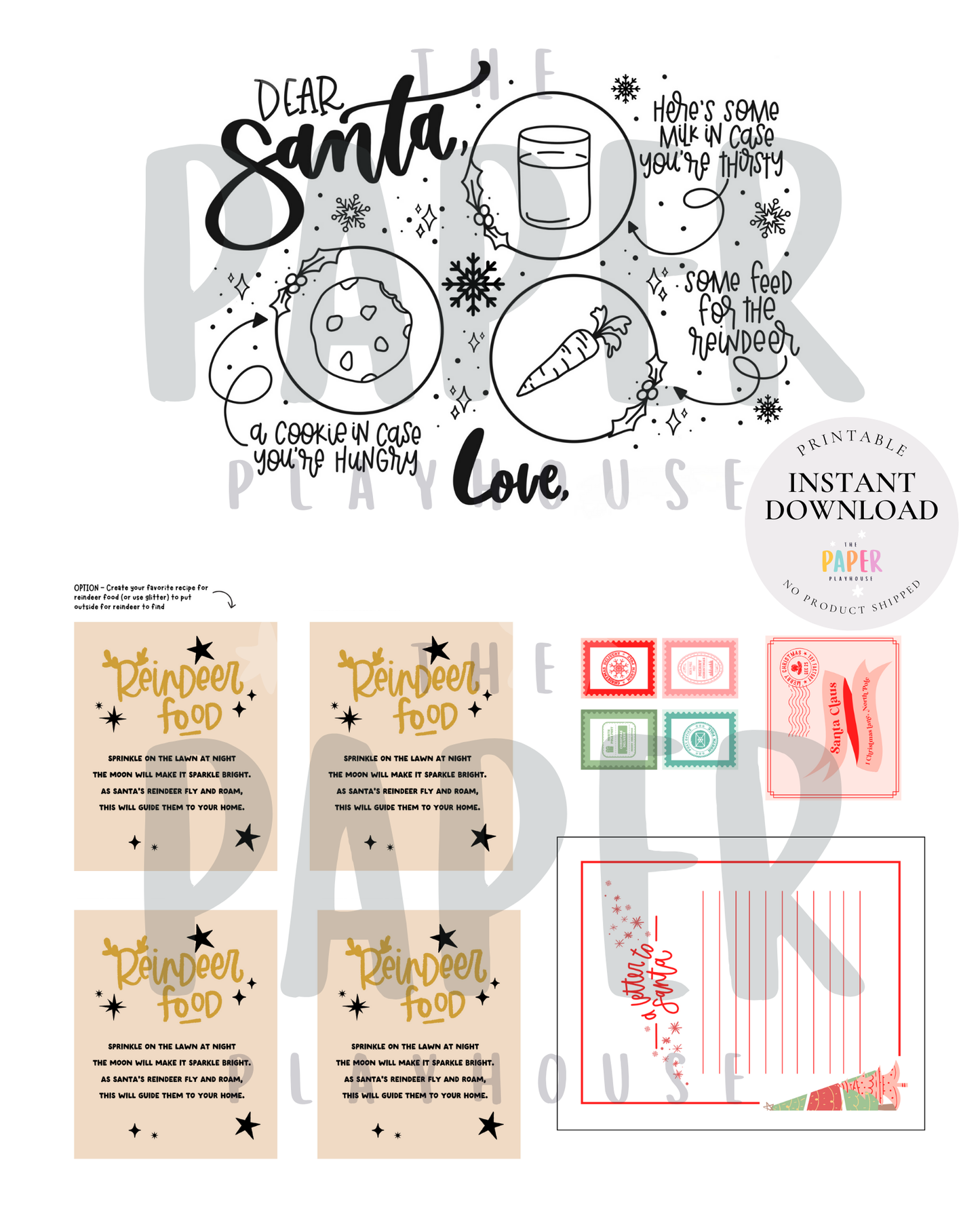 Printable Christmas-themed letter and labels for Santa Claus on a white background.