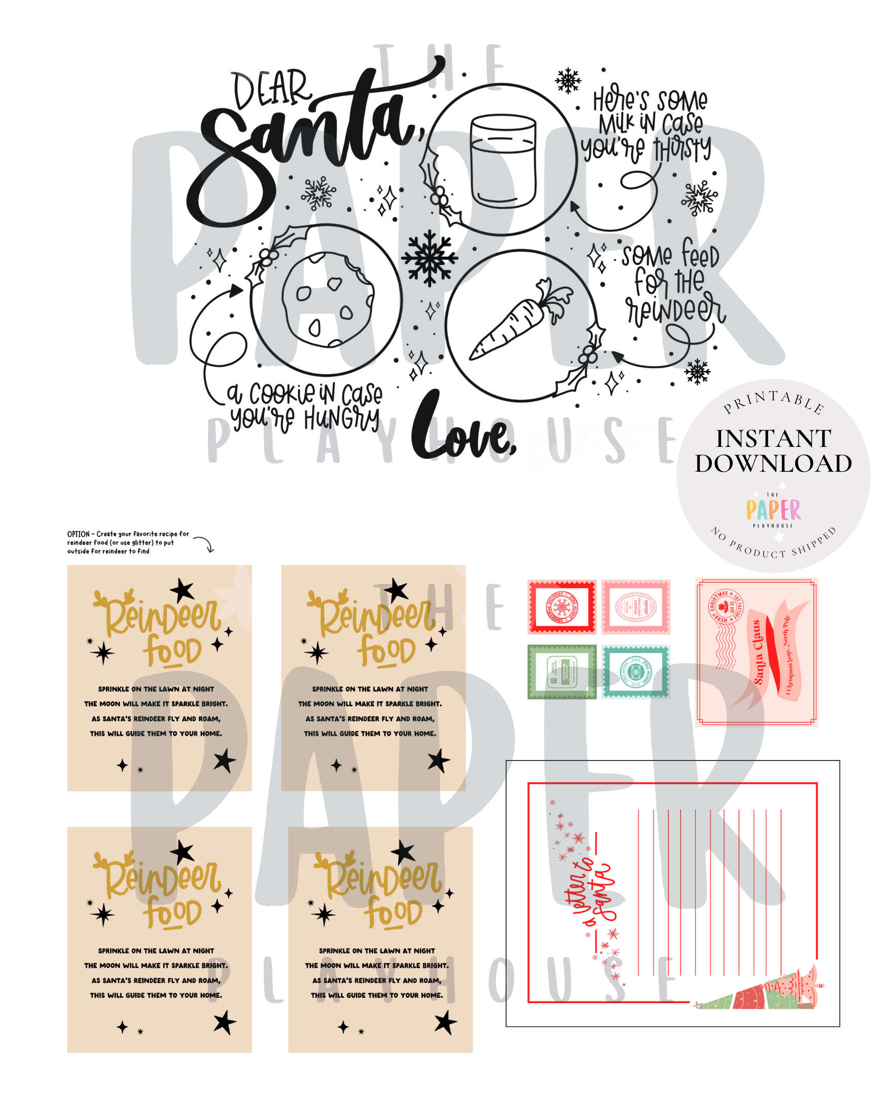 Printable Christmas-themed letter and labels for Santa Claus on a white background.