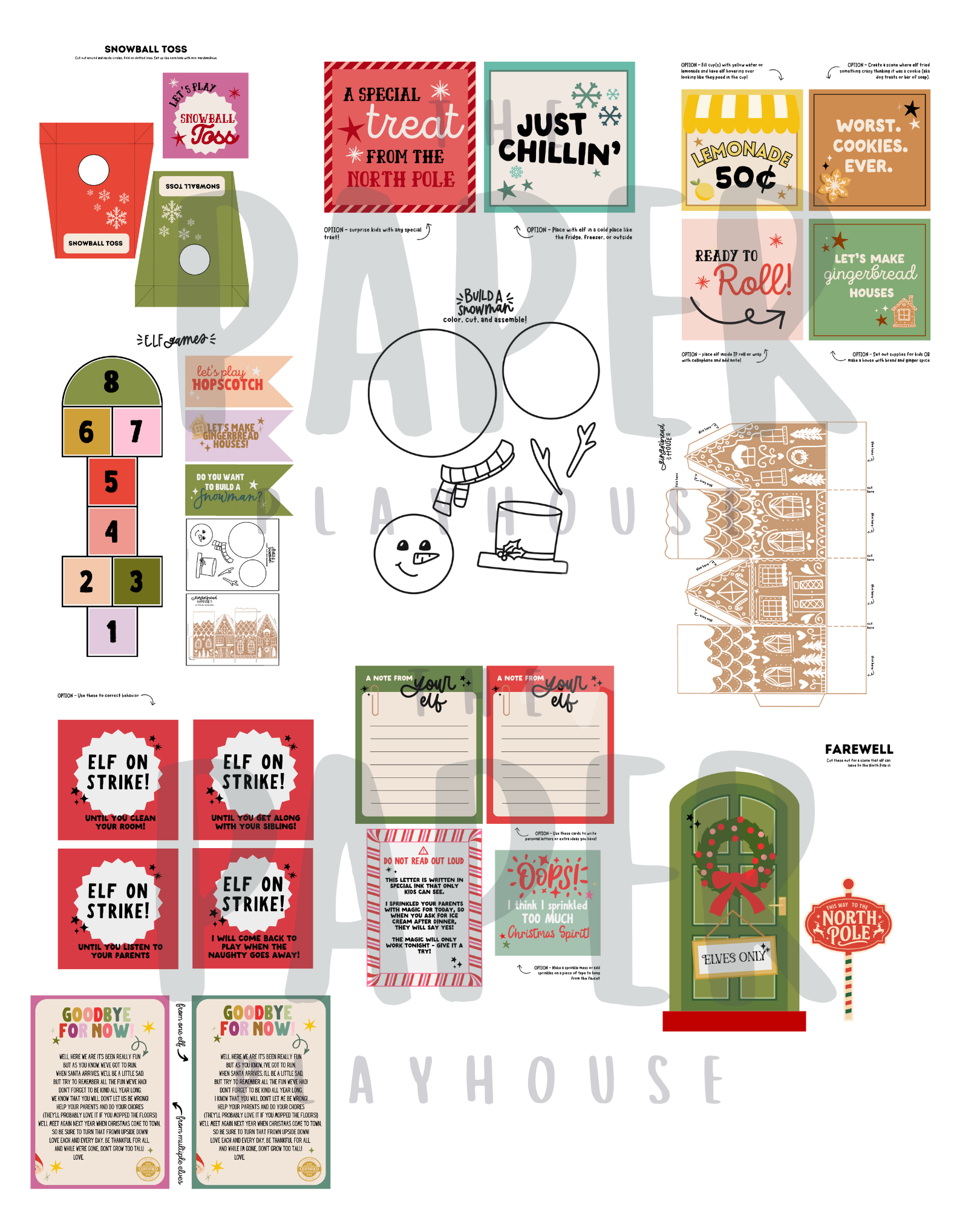 Collection of Christmas-themed printables and cutouts on a white background with 'ava rose branding.