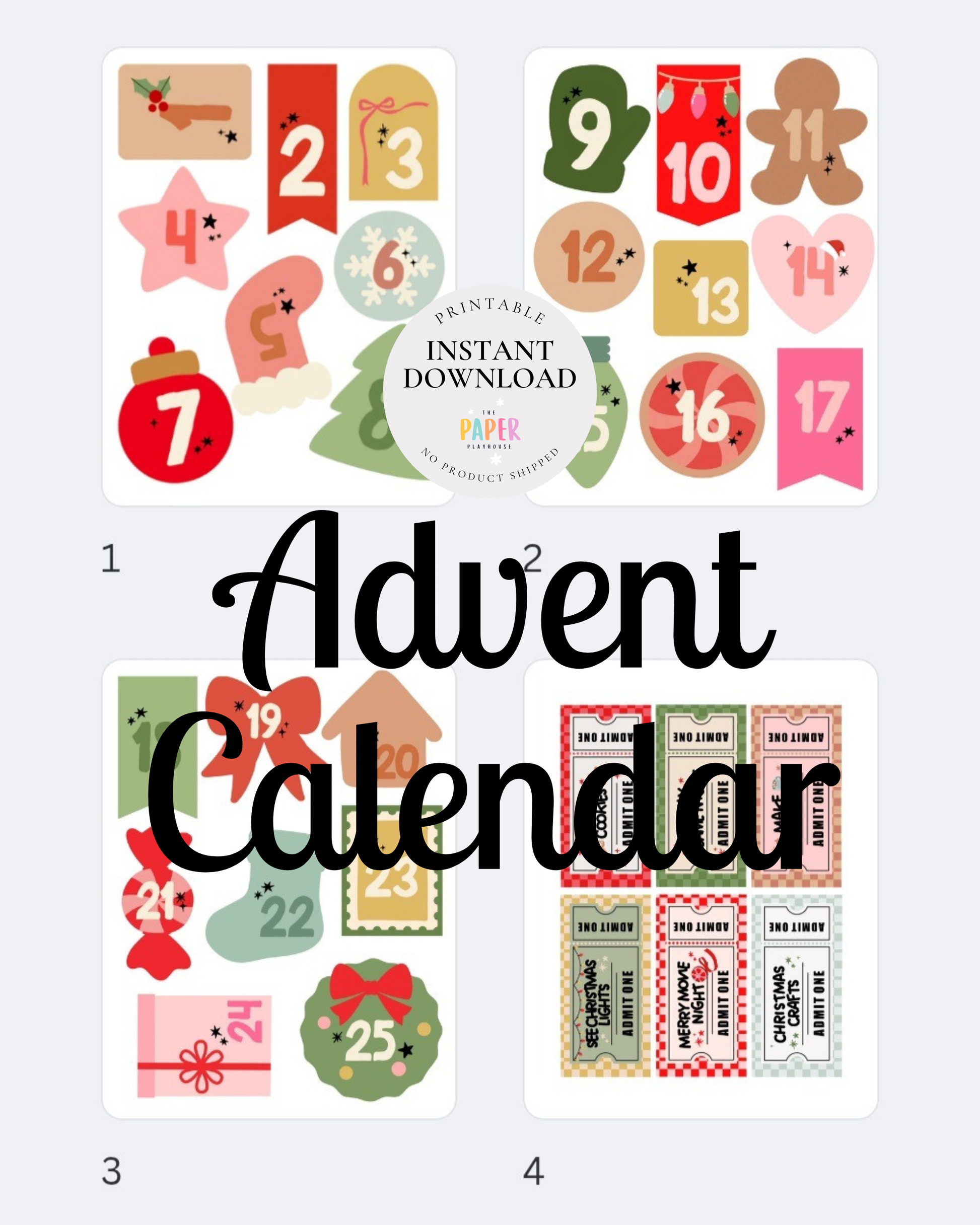 Advent calendar design with numbers and Christmas-themed elements on a white background
