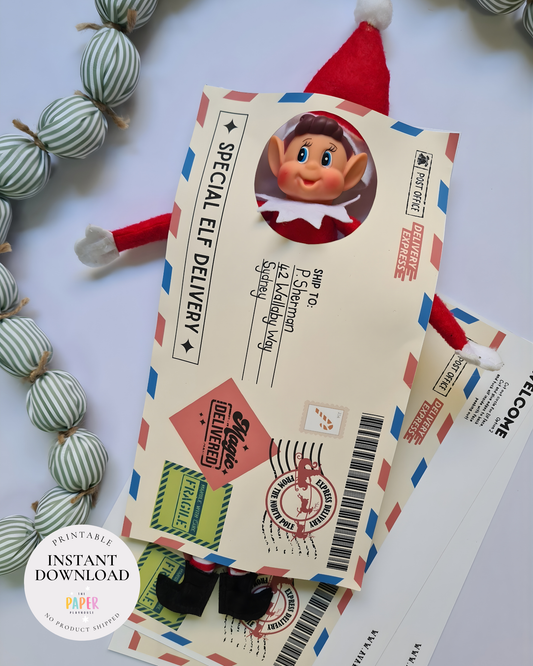 Elf on the Shelf with a special delivery envelope on a light background