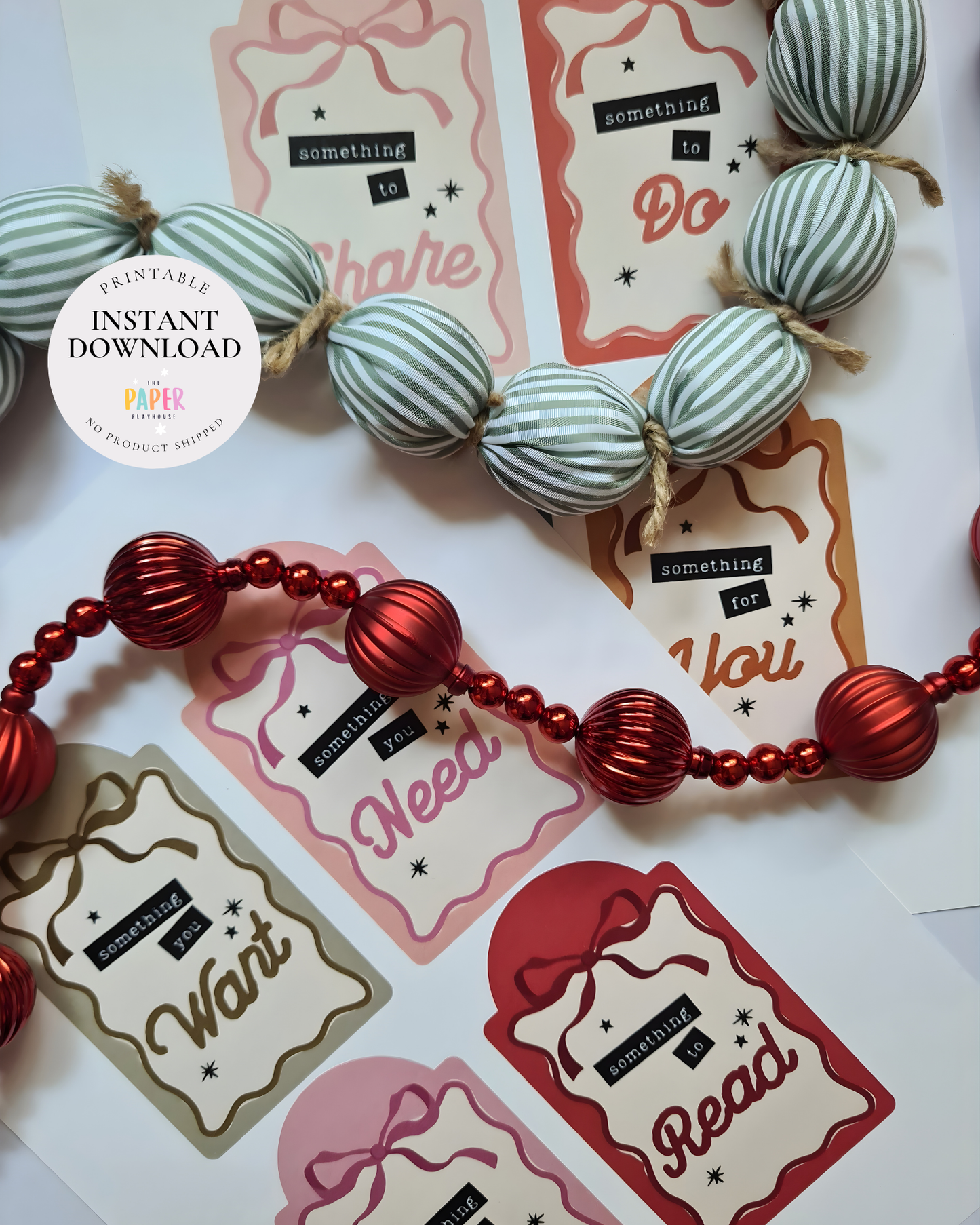 Decorative beads with printed labels on a white background