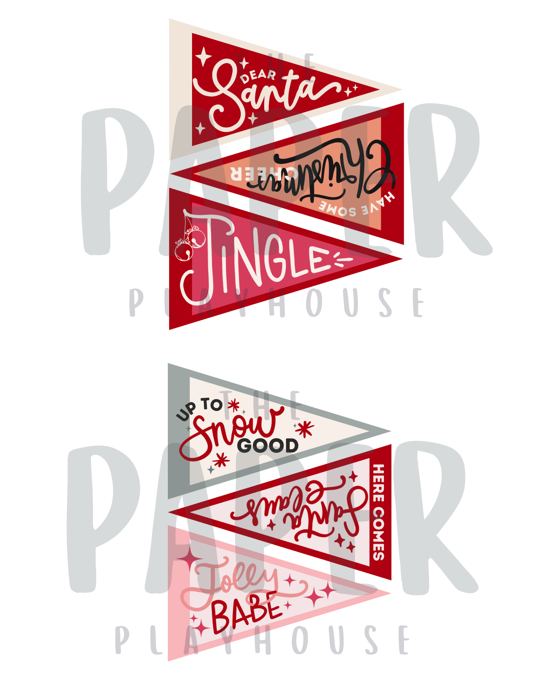 Set of red and white pennant banners with playful text on a white background