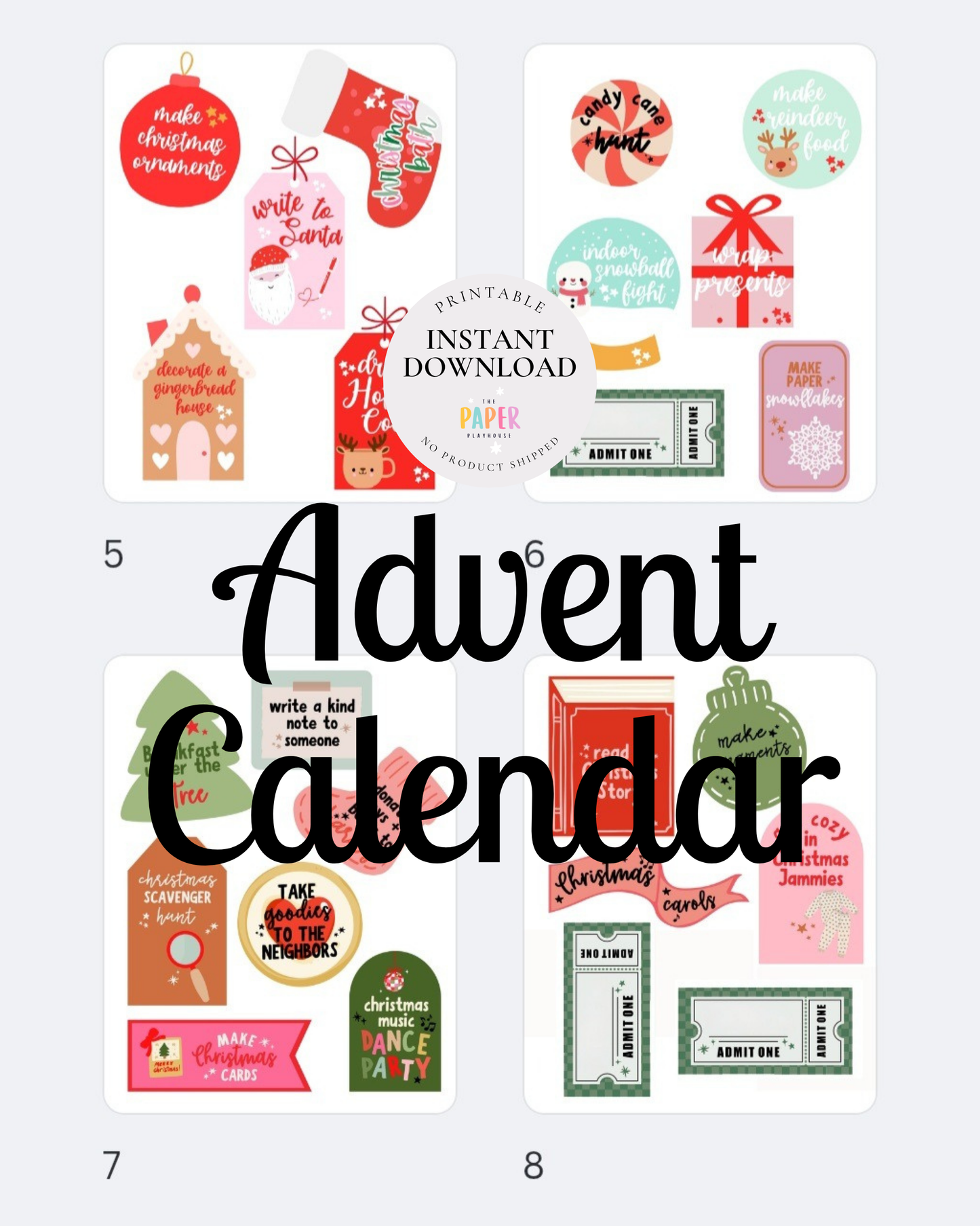 Advent calendar stickers with various designs on a white background