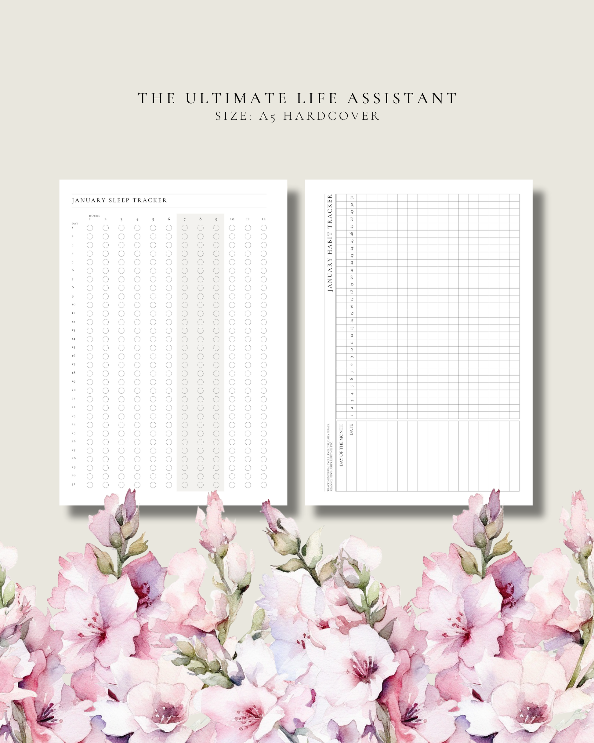 Planner with two pages open on a light background with pink flowers at the bottom.