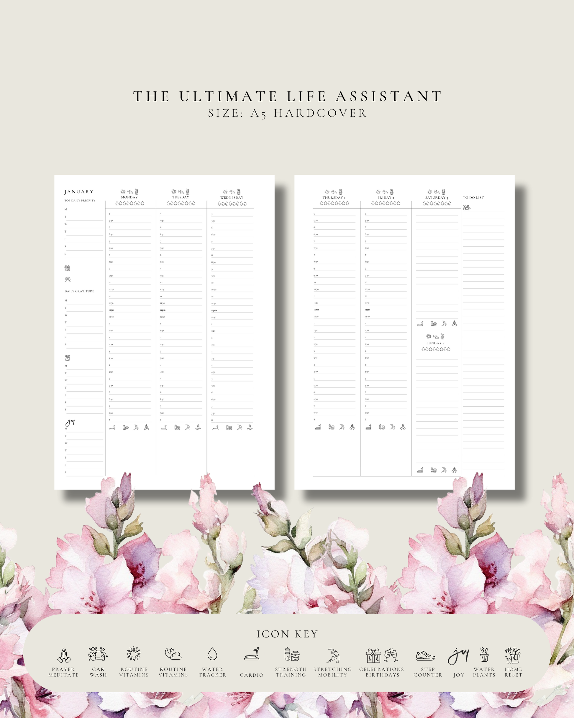 Planner with floral design and text on a beige background