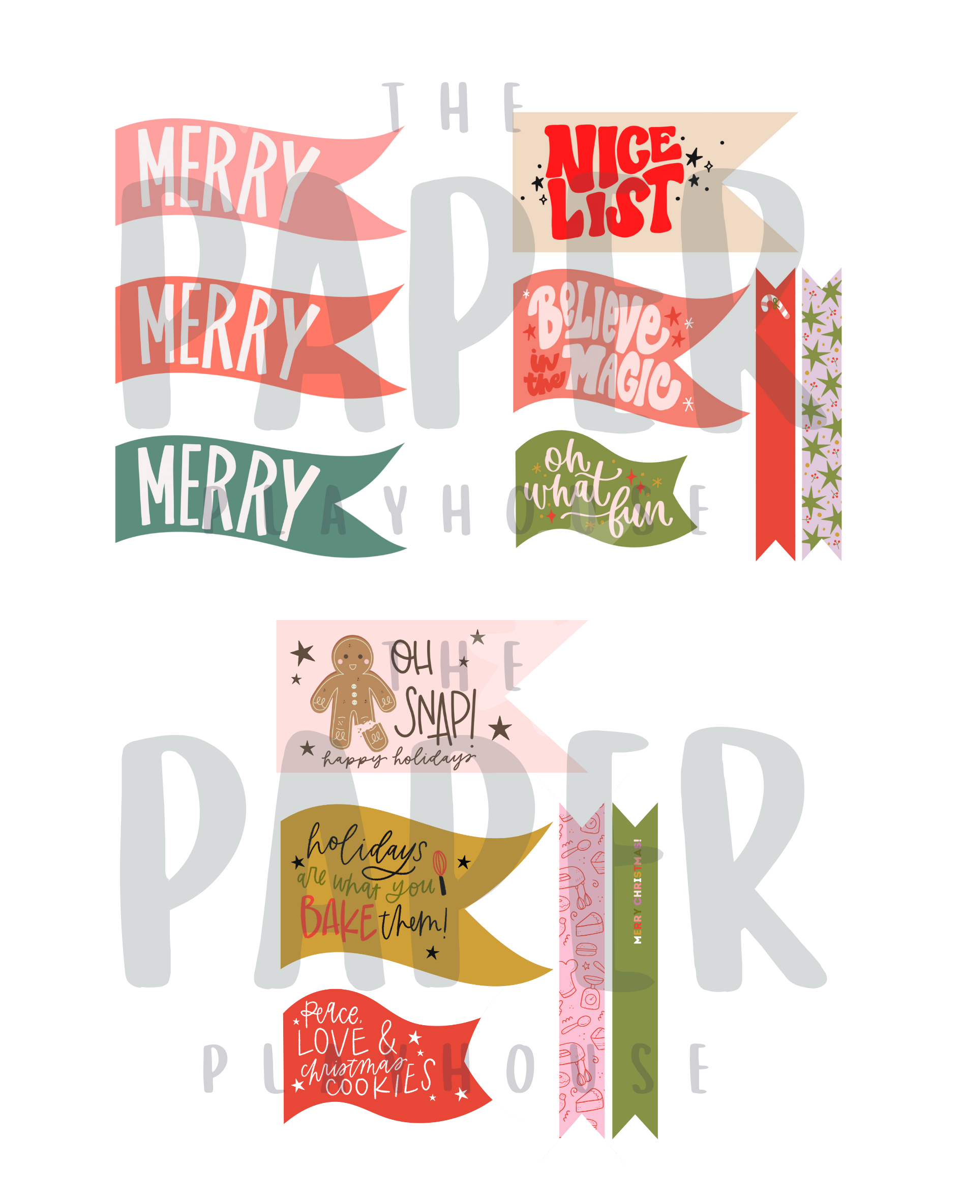 Collection of festive text banners on a white background